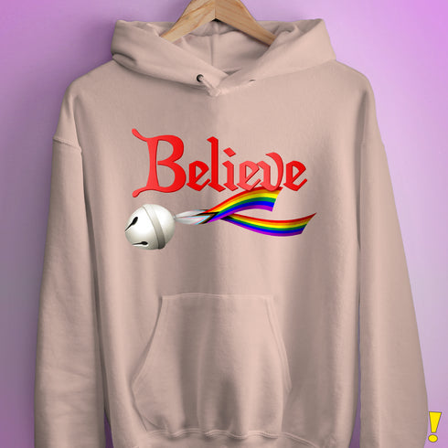 Believe Progress Pride LGBTQ Jingle Bell Hoodie - Light Pink